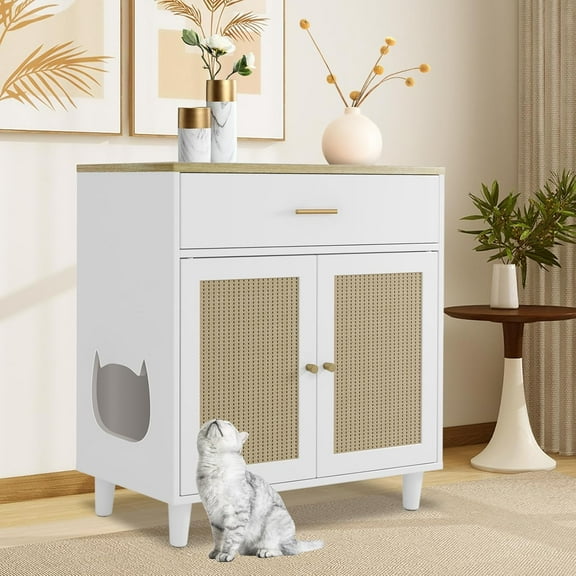 Juiluna Hidden Cat Litter Box Enclosure Furniture, 31.5'' Wooden Dog Proof Cat Litter Box Enclosure Cabinet with Drawer and 2 Sisal Doors, Corner Kitten Cats Cabinet White