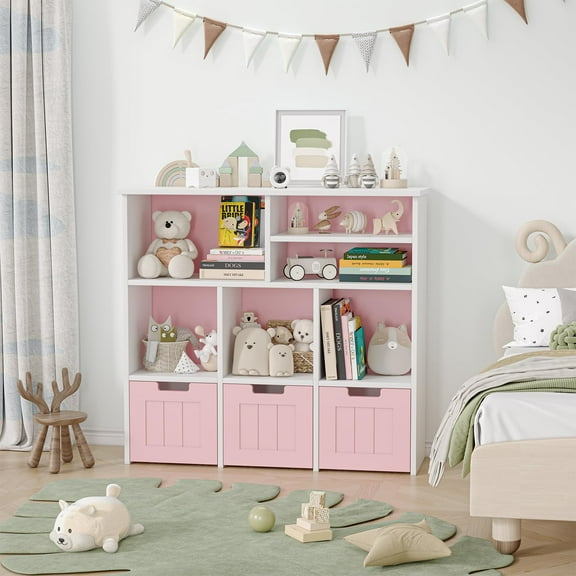 Juiluna Kids Bookcase Toy Storage Organizer Toy Chest with 3 Movable Drawers & Hidden Wheels Toy Storage Cabinet for Bedroom, Playroom, Nursery, Pink