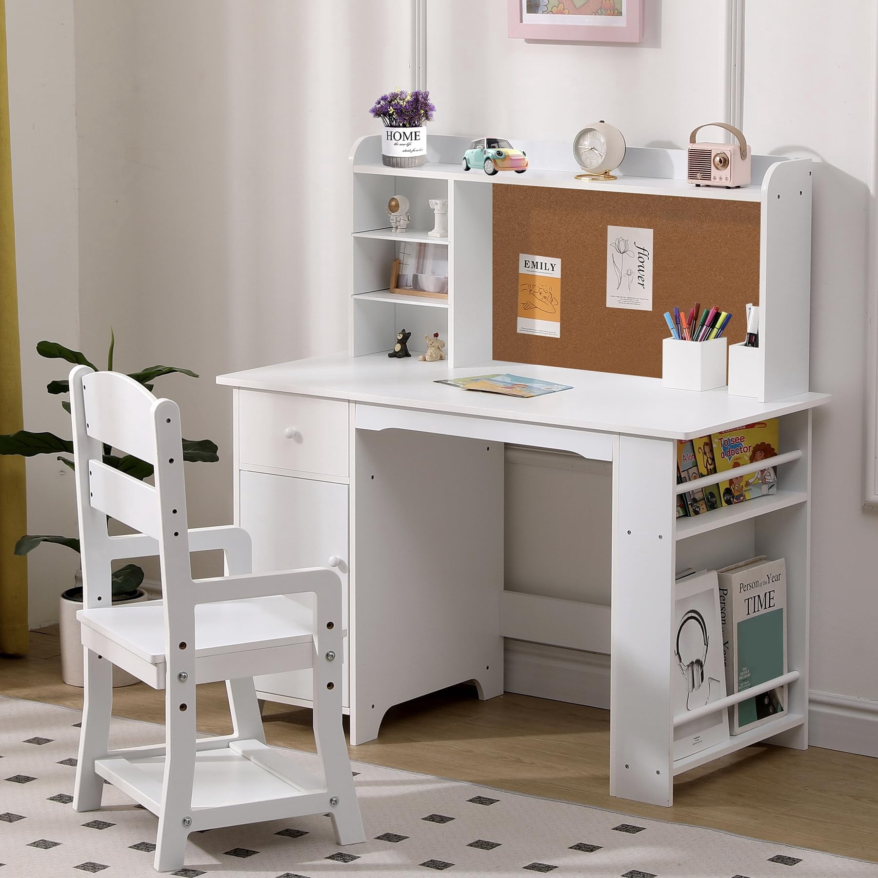 Juiluna Kids Desk and Chair Set, Wooden Study Table with Storage Shelf, Bulletin Board, Children School Learning Desk Set, Writing Table for Boys and Girls, Pink/White