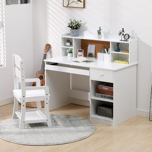 Juiluna Kids Desk and Chair Set, Wooden Study Table with Storage Shelf, Bulletin Board, Keyboard Stand and Pen Holder, Children School Learning Desk Set, Writing Table for Boys and Girls, White