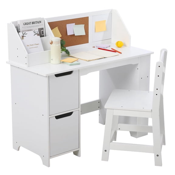 Juiluna Kids Study Desk and Chair Set, Wooden School Learning Table with Storage, Hutch and Bulletin Board, Children Computer Desk with Chair, Small Toddler Desk for Home, School, White/Pink
