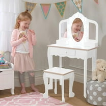 Juiluna Kids Vanity Table and Chair Set with Light, Girls Vanity with Mirror, Drawer and Pretend Playset, Wooden Princess Makeup Desk Dressing Table, Toddler Vanity (Batteries Not Included)