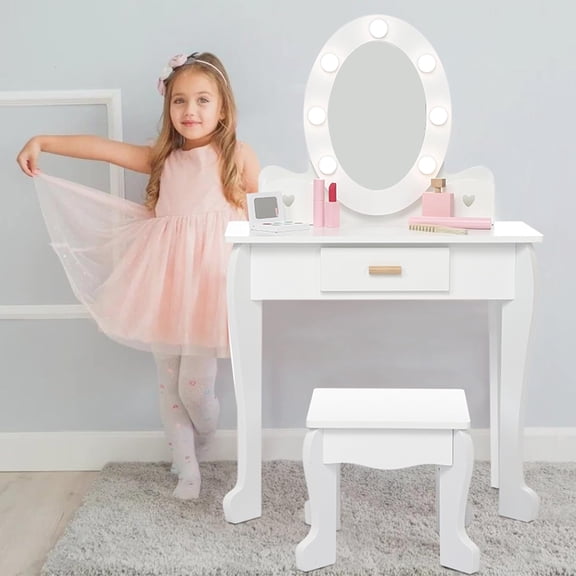 Juiluna Kids Vanity with Lighted Mirror, Toddler Vanity Table and Chair Set, Girls Makeup Playset, White