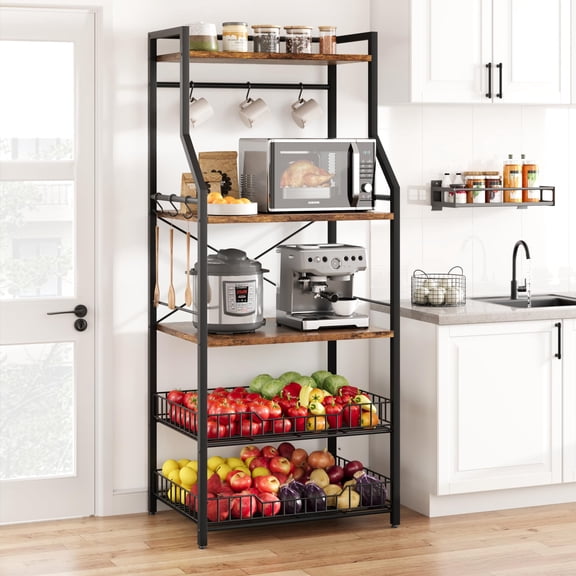 Juiluna Kitchen Bakers Rack, Microwave Oven Stand with 2 Large Wire Basket, Industrial Coffee Bar Station, 5-Tier Kitchen Utility Storage Shelf with 8 Hooks for Spice, Pots Organizer, Rustic Brown