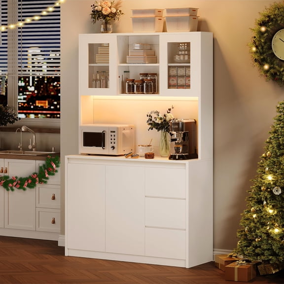 Juiluna Kitchen Pantry Cabinet with Charging Station, Tall Storage Cabinet with Countertop and LED Lights, Pantry with Drawers and Glass Doors, White
