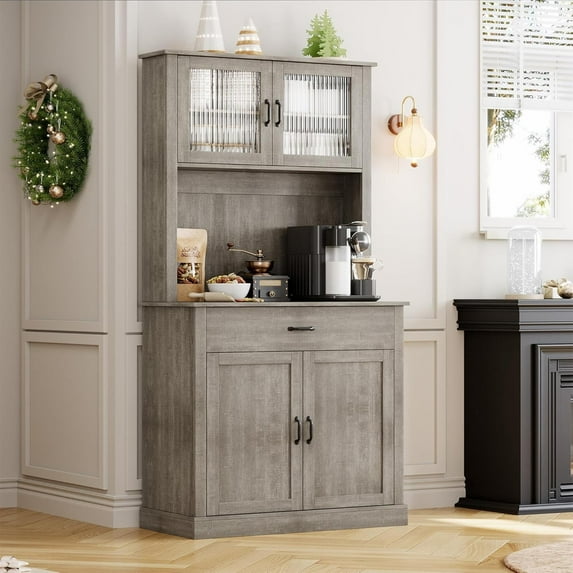 Juiluna Kitchen Pantry Cabinet with Microwave Stand, 71”Freestanding Tall Kitchen Cabinet with Doors and Shelves for Dining Room, Rustic Gray