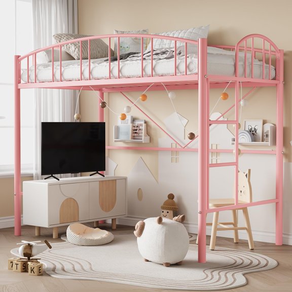 Juiluna Loft Bed Twin Size, Heavy Duty Metal Loft Bed Frame with Arched Guardrail and Safety Ladder, Space-Saving, No Box Spring Needed,Pink