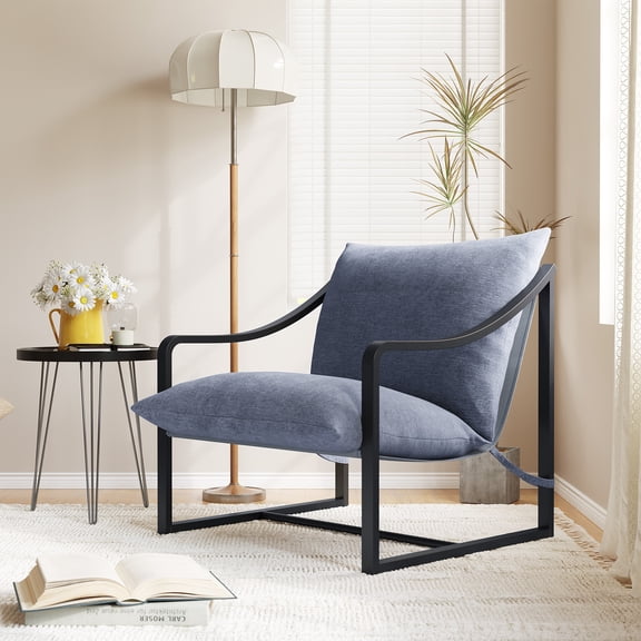 Juiluna Mid-Century Modern Sling Accent Chair, Comfy Fabric Living Room Chairs with Heavy Duty Metal Frame, Lounge Reading Armchair for Living Room Bedroom, Easy Assembly, Beige/Dark Blue