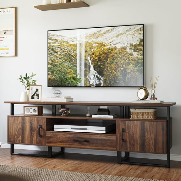 Juiluna Mid Century Modern TV Stand - 75 Inch Entertainment Center with Storage & Drawer, Industrial Console for Living Room, Rustic Brown