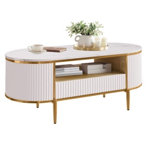 Juiluna Modern Luxury Fluted Coffee Table, 47.24" Oval Coffee Table with Storage, Faux Marble Top, Curved Profile Design,Gold Metal Legs and Handles, White