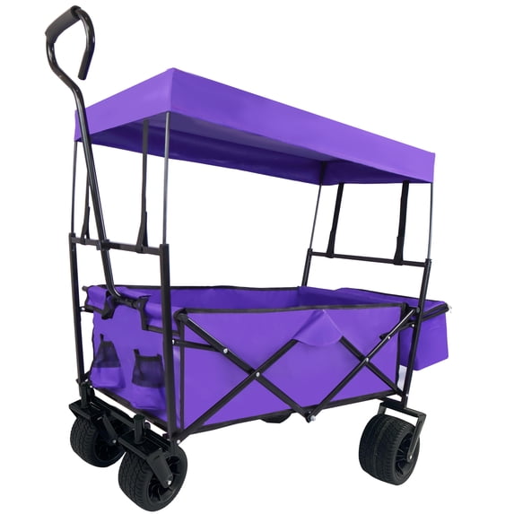 Juiluna Outdoor Garden Park Wagon With Canopy And Pockets, Foldable Portable Utility Beach Trolley Cart With 7" Wheels For Camping Garden Sports (262LBS Max Weight Capacity)