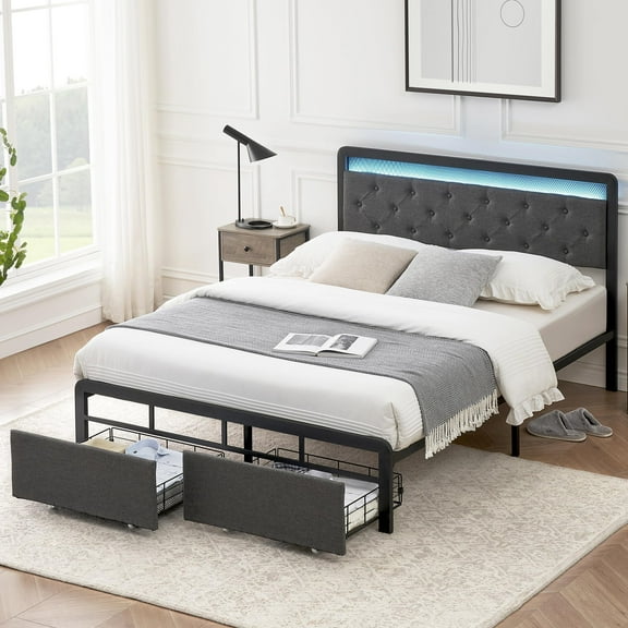 Juiluna Queen Bed Frame with 2 Storage Drawers, Button Tufted Headboard and LED Lights, Upholstered Platform Bed with Storage, Heavy Duty Metal Slats, No Box Spring Needed, Noise Free, Easy Assembly