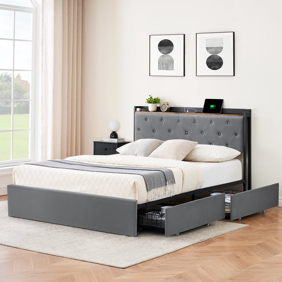 Juiluna Queen Bed Frame with 4 Storage Drawers and Charging Station,Grey Queen Upholstered Bed Frame with Storage Headboard No Box Spring Needed Noise-Free (Queen)