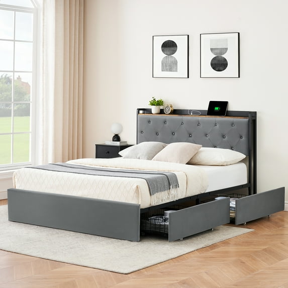 Juiluna Queen Bed Frame with 4 Storage Drawers and Charging Station,Grey Queen Upholstered Bed Frame with Storage Headboard No Box Spring Needed Noise-Free (Queen)