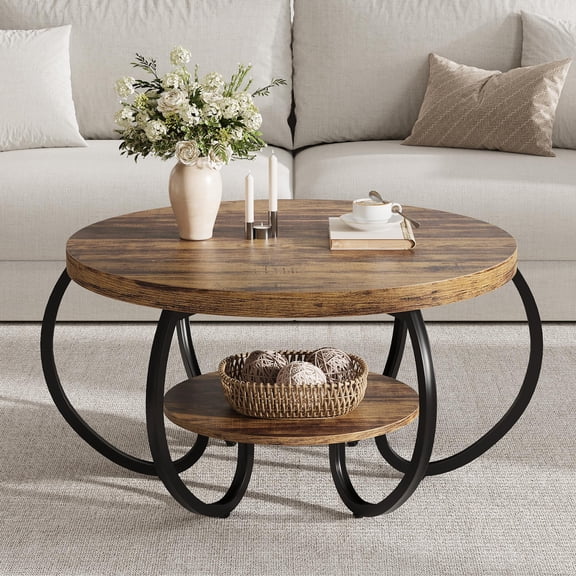 Juiluna Round Coffee Table 30" Center Table, 2-Tier Coffee Table Industrial Center Tables with Adjustable Feet, Living Room Tables with Storage Shelf and Designed Wood Grain, Easy Assemble