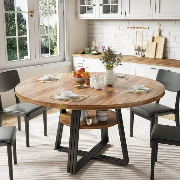 Juiluna Round Dining Table for 4-6, 47.2" Farmhouse Kitchen Table with Storage, Circle Dinner Tables for Kitchen, Dining Room, Living Room, Meeting Room, Apartment, Brown (Table Only)