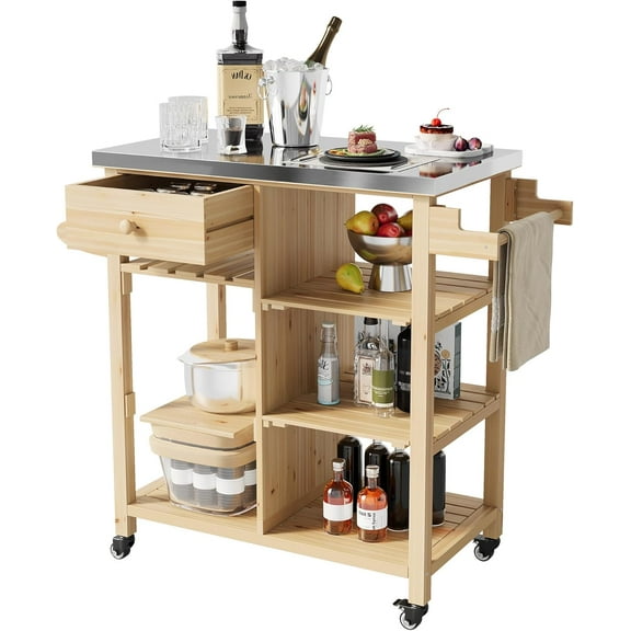 Juiluna Solid Wood Outdoor Grill Cart Storage Cabinet Outdoor Grill Cart, BBQ Cart Prep Table with Stainless Steel Top, Drawer, &Open Shelves, Portable Rolling Kitchen Island for Patio,Garden,Backyard