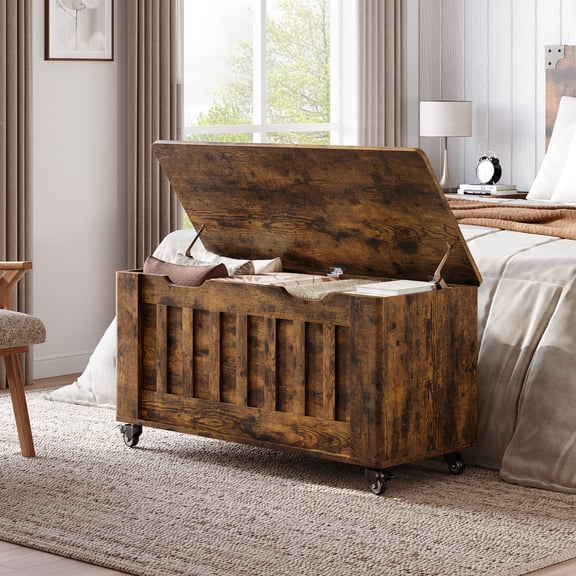 Juiluna Storage Chest, Storage Trunk With 4 Wheels, 39.4'' Wooden Storage Bench With 2 Safety Hinges, Blanket Chest, Entryway Bench With Storage, Supports 350 Lbs, for Living Room,Rustic Brown