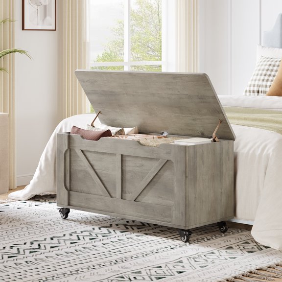 Juiluna Storage Chest, Storage Trunk With 4 Wheels, 39.4'' Wooden Storage Bench With 2 Safety Hinges, Blanket Chest, Entryway Bench With Storage, Supports 350 Lbs, for Living Room,Gray
