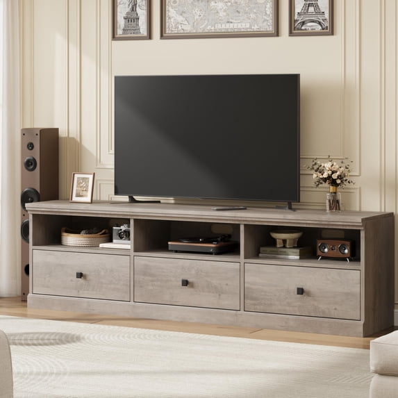 Juiluna TV Stand for 75 Inch TV, Mid-Century Modern Entertainment Center with Storage Drawer, 70" TV Console with Open Shelves, Wood Media Console TV Cabinet for Living Room, Gray