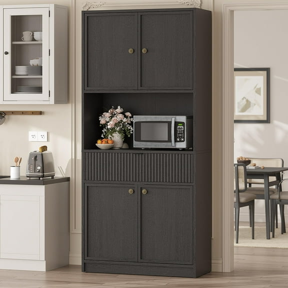 Juiluna Tall Kitchen Pantry Cabinet, 70 in Pantry Storage Cabinet with Countertop, Fluted Kitchen Hutch Cabinets with Doors and Drawer, Freestanding Cupboard for Dining Room, Living Room, Black