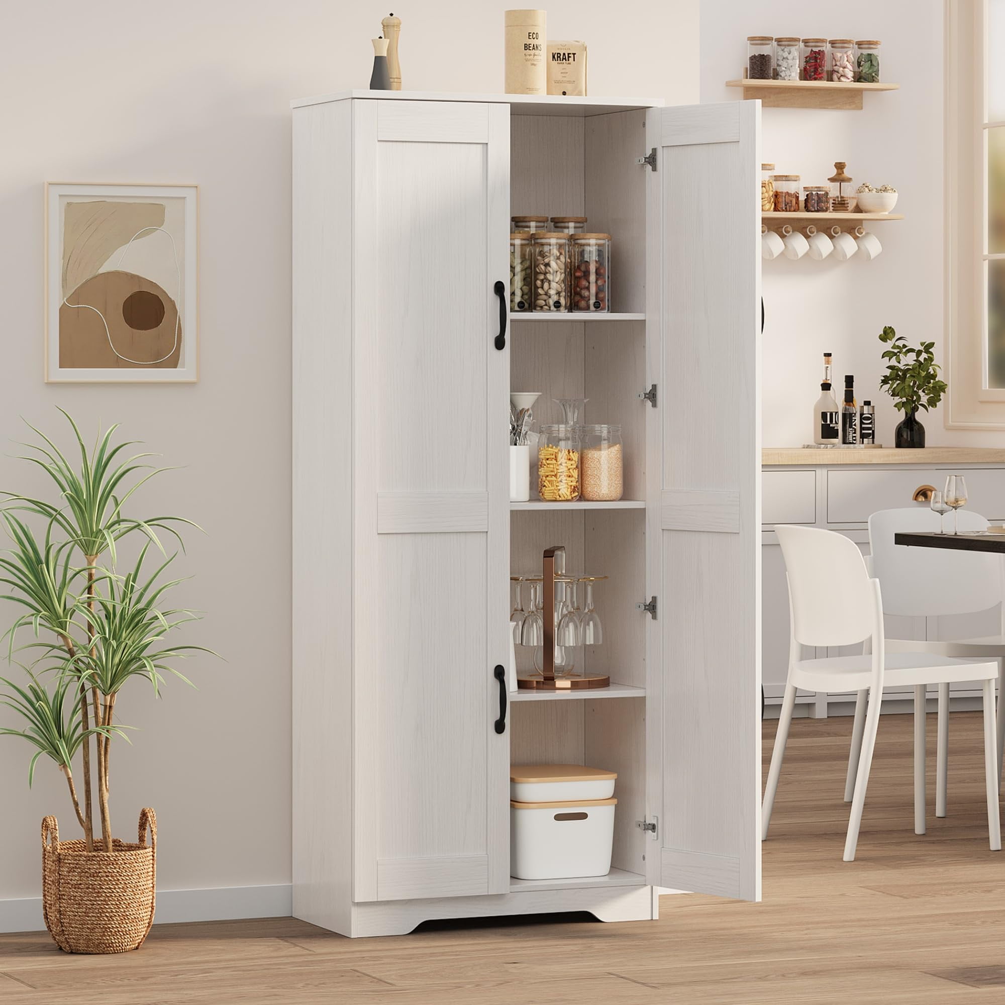 Juiluna Tall Pantry Cabinet, 60" Kitchen Pantry Storage Cabinet with 2 Doors and Adjustable Shelves, Freestanding Kitchen Cabinet, Cupboard for Dining Room, Bathroom, Reto White