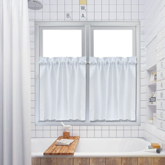 Juiluna Tier Curtains, Waffle Weave Textured Short Curtain for Bathroom Waterproof Window Covering Kitchen Cafe Curtains, White, 30“*24”*2