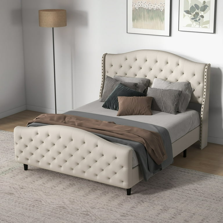 Juiluna Tufted Upholstered Platform King Bed Frame with Headboard and Footboard Velvet Platform Bed Raised Wing Back Headboard Beige King