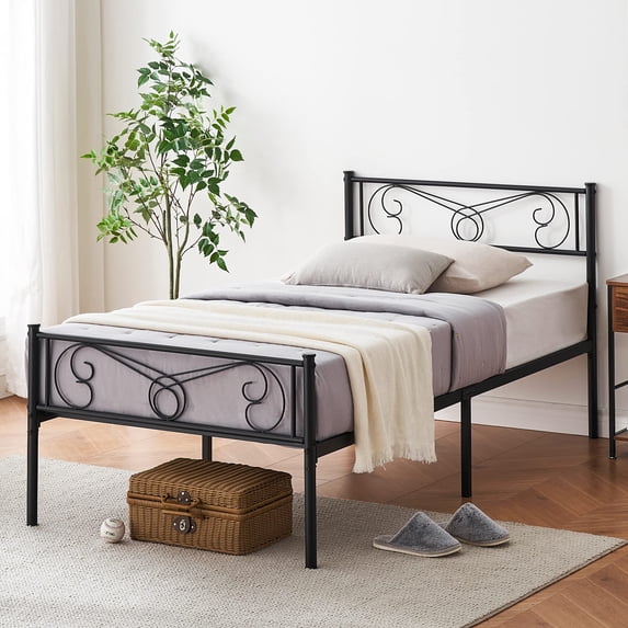Juiluna Twin Bed Frame Platform with Headboard and Footboard Metal Bed Mattress Foundation with Storage No Box Spring Needed Black