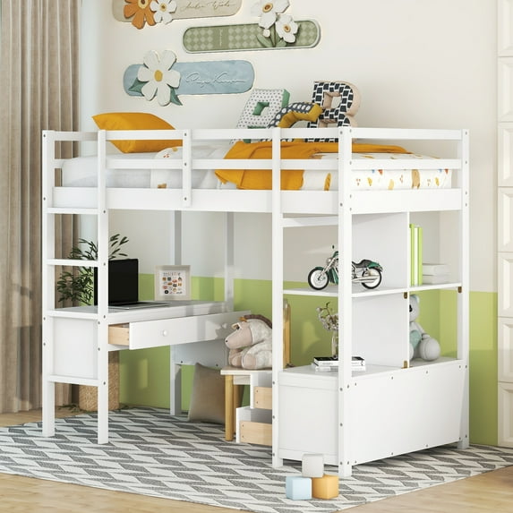 Juiluna Twin Size Loft Bed With Built-in Desk Storage Shelves Drawers Loft Bed Solid Wood Frame Twin Size Bed Easy Assembly No Box Spring Needed For Bedroom Boys Girls Room