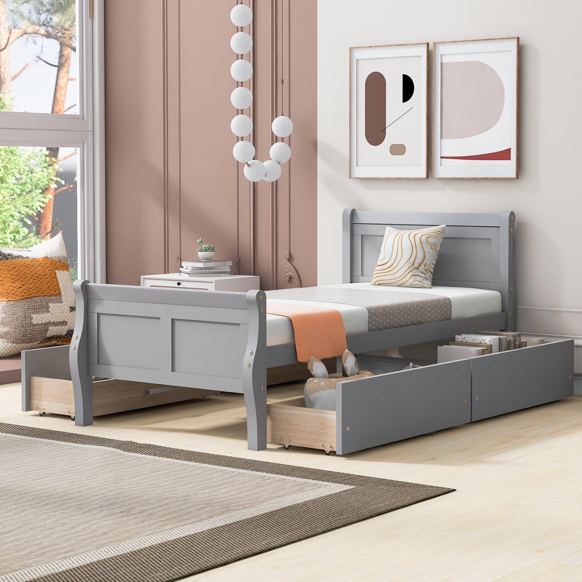 Juiluna Twin Size Wood Platform Bed With 4 Drawers And Streamlined ...