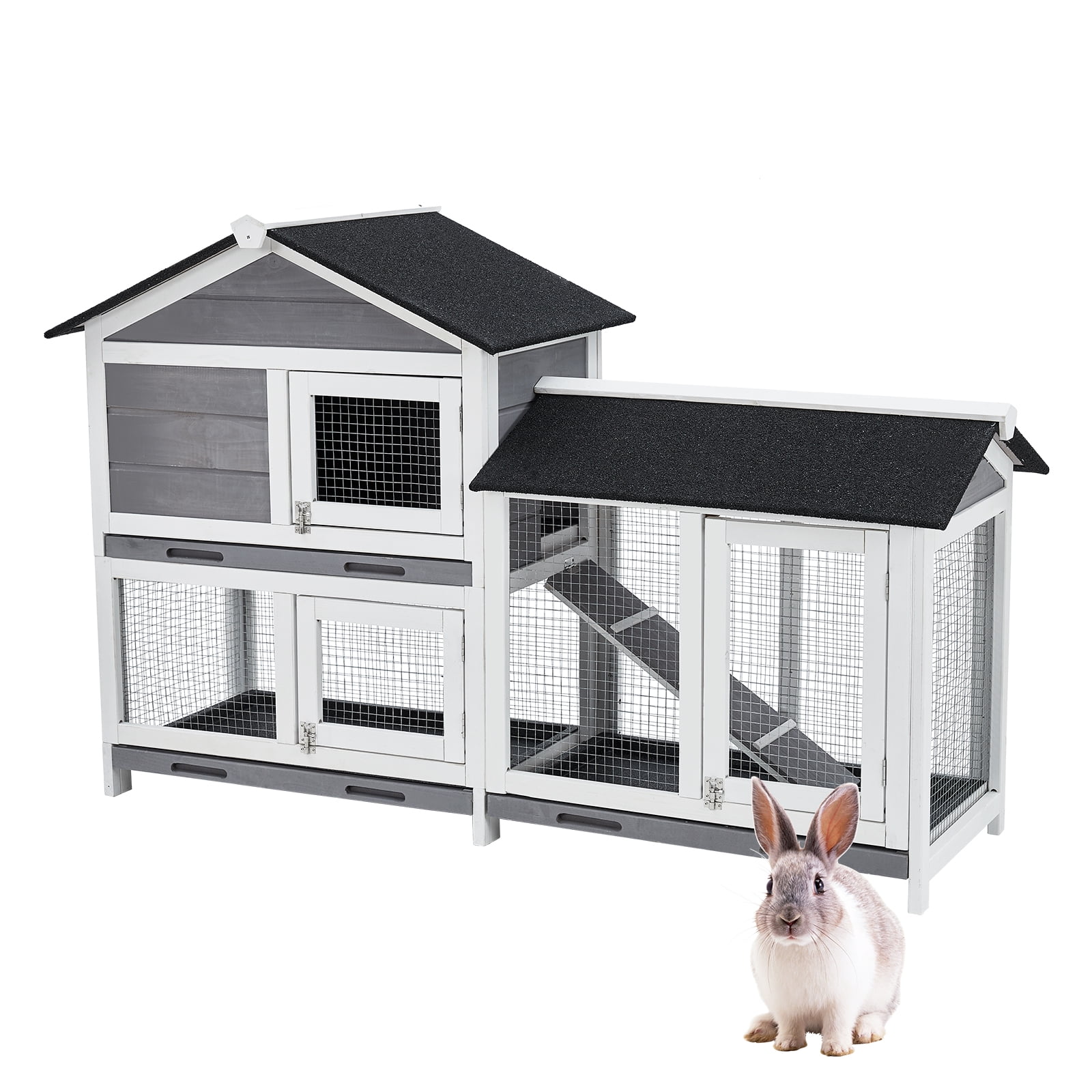 Juiluna Two Floors 62" Wooden Outdoor Indoor Roof Waterproof Bun/ny Hutch Rabbit Cage Guinea Pig Coop PET House for Small to Medium Animals with Stairs and Cleaning Tray