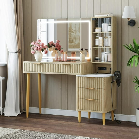 Juiluna Vanity Desk with Mirror, LED Lights and Power Outlet Makeup Vanity Table with 5 Drawers and 3 Storage Shelves Ressing Table for Bedroom Dressing Room (Wood Color)