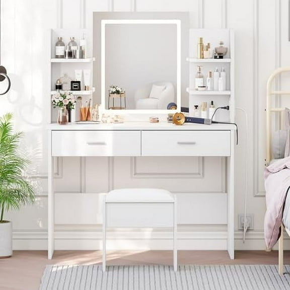 Juiluna Vanity Desk with Mirror and Lights, Makeup Vanity Set w/Desk and Stool, Power Outlet, Makeup Vanity Desk with 6 Storage Shelves, 2 Large Drawers and 3 Color Adjustable Brightness