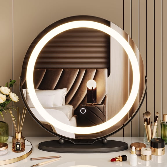 Juiluna Vanity Mirror with Lights, 19 inch Makeup Mirror with Lights, Smart Touch Control 3 Colors Dimmable Vanity Mirror, 360°Rotation Round Vanity Mirror for Bedroom, Bathroom, Black/White/Gold