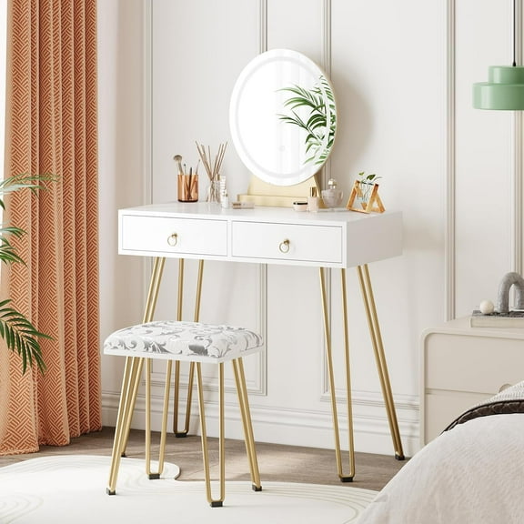Juiluna White Vanity Desk with Stool, Small Makeup Vanity Table with 3 Lighting Modes Brightness Adjustable, 32 Inch Makeup Vanity Table with 2 Drawers