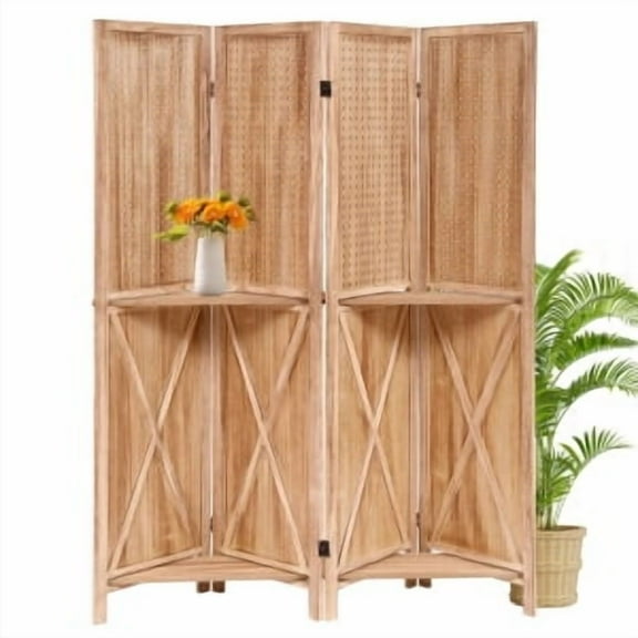 Juiluna Wooden Room Divider Wall 4 Panel with Holes,5.6FT Tall Farmhouse Room Divider with Shelves,Folding Privacy Screens 67 in for Room Separation Home Office Bedroom