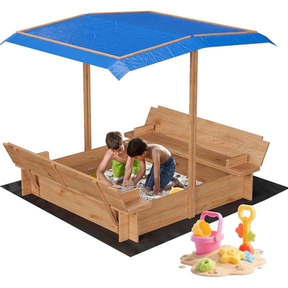 Juiluna Wooden Sandbox with LidCover, Outdoor Sand Box with 2 Bench Seats, Bottom Liner, Adjustable Height & Rotatable Canopy for Ages 3-8, Spacious Kids Sand Pit for Beach, Patio, Backyard(47x47in)