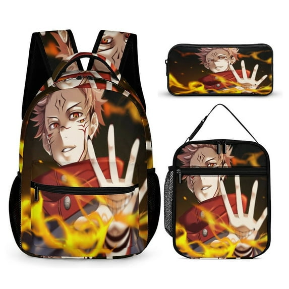 Jujutsu Backpack JJK 17 Inch 3 Piece Set with Insulated Lunch Bag and Pencil Case, Bookbag Laptop Backpack Cartoon Durable Lightweight Casual Backpack