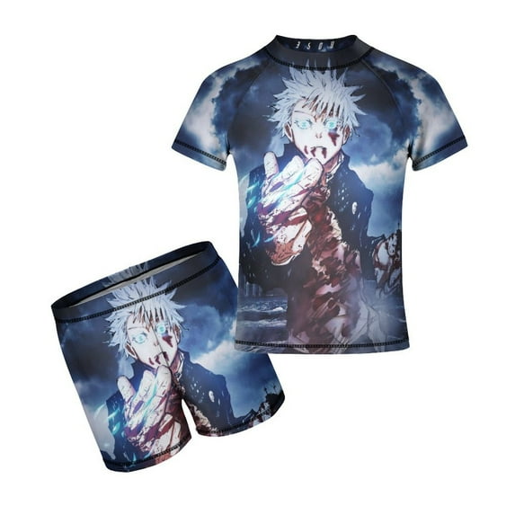 Jujutsu Kaisen Boys Rash Guard Set 2 Piece Swimsuits Short Sleeve Bathing Suits with Trunks