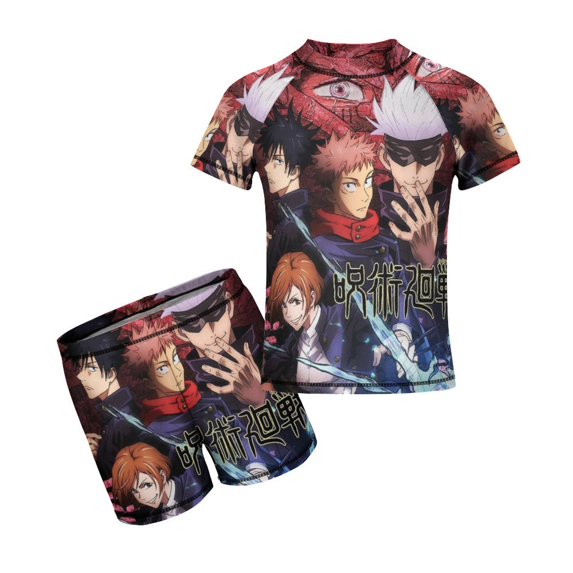 Jujutsu Kaisen Boys Rash Guard Set 2 Piece Swimsuits Short Sleeve Bathing Suits with Trunks