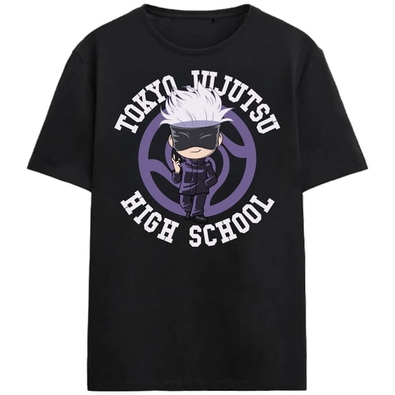 Jujutsu Kaisen Chibi Satoru Tokyo High School Logo Adult Black Crew Neck Short Sleeve T-shirt-XS