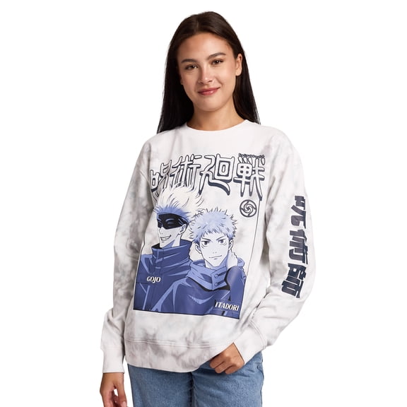 Jujutsu Kaisen Gojo & Itadori Kanji Women's White Cloud Wash Crew Neck Long Sleeve Fleece Sweatshirt -Small
