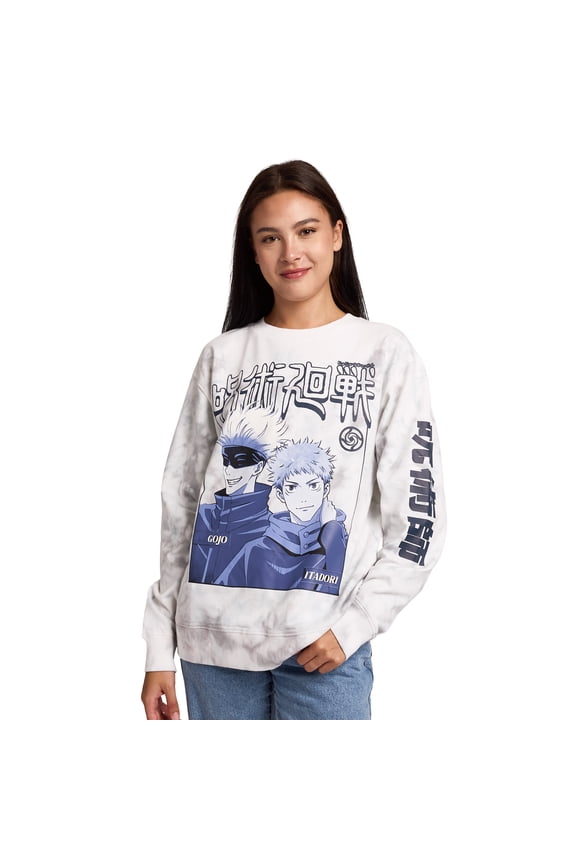 Jujutsu Kaisen Gojo & Itadori Kanji Women's White Cloud Wash Crew Neck Long Sleeve Fleece Sweatshirt -XXL