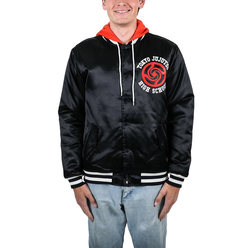 Jujutsu Kaisen TJHS Logo Men's Navy Hooded Satin Bomber Jujutsu Kaisen TJHS Logo Men's Navy Hooded Satin Bomber