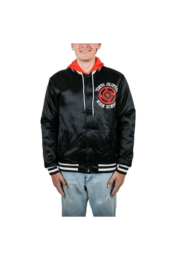 Jujutsu Kaisen TJHS Logo Men's Navy Hooded Satin Bomber Jacket-XL