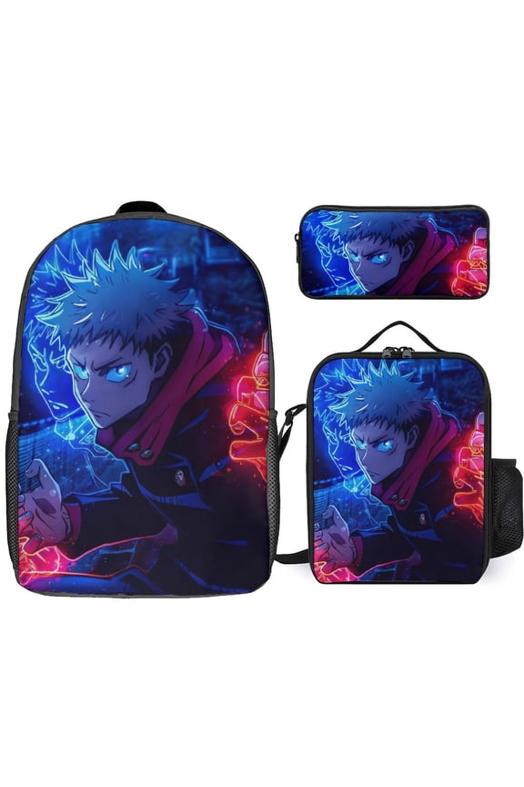Jujutsu Kaisen Yuji Itadori 3 Piece Backpack Set with Lunch Bag Pencil Case, High Capacity Bookbag with Lunch Box Pen Box for Man Women