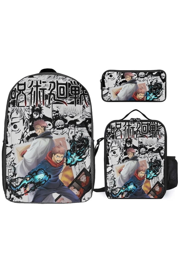 Jujutsu Kaisen Yuji Itadori 3 Piece Backpack Set with Lunch Bag Pencil Case, High Capacity Bookbag with Lunch Box Pen Box for Man Women