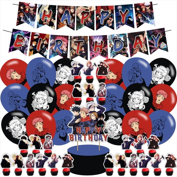 Jujutsu Manga Kaisen Birthday Party Supplies, including Cake Topper, Cupcake Toppers, Banner, Latex Balloons,It is Very Suitable for Boy's and Girl Anime Themed Birthday Party Supplies., Black Y101