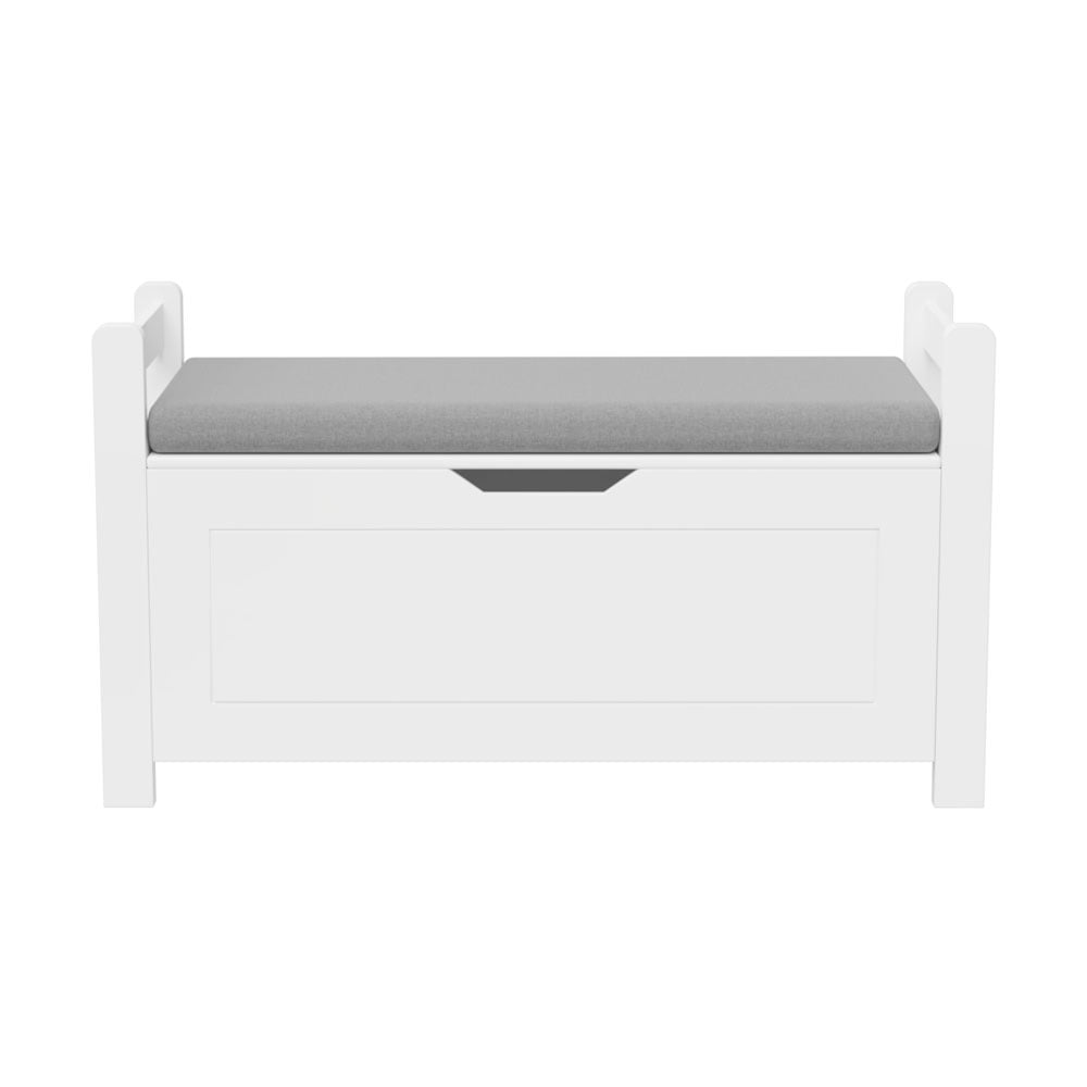 Jujwooo Kids Toy Box Chest, White Rubber Wood Toy Box for Boys Girls, Large Storage Cabinet with Cushion Seat Bench/Flip-Top Lid/Safety Hinge, Toy Storage Organizer Trunk for Nursery, Playroom